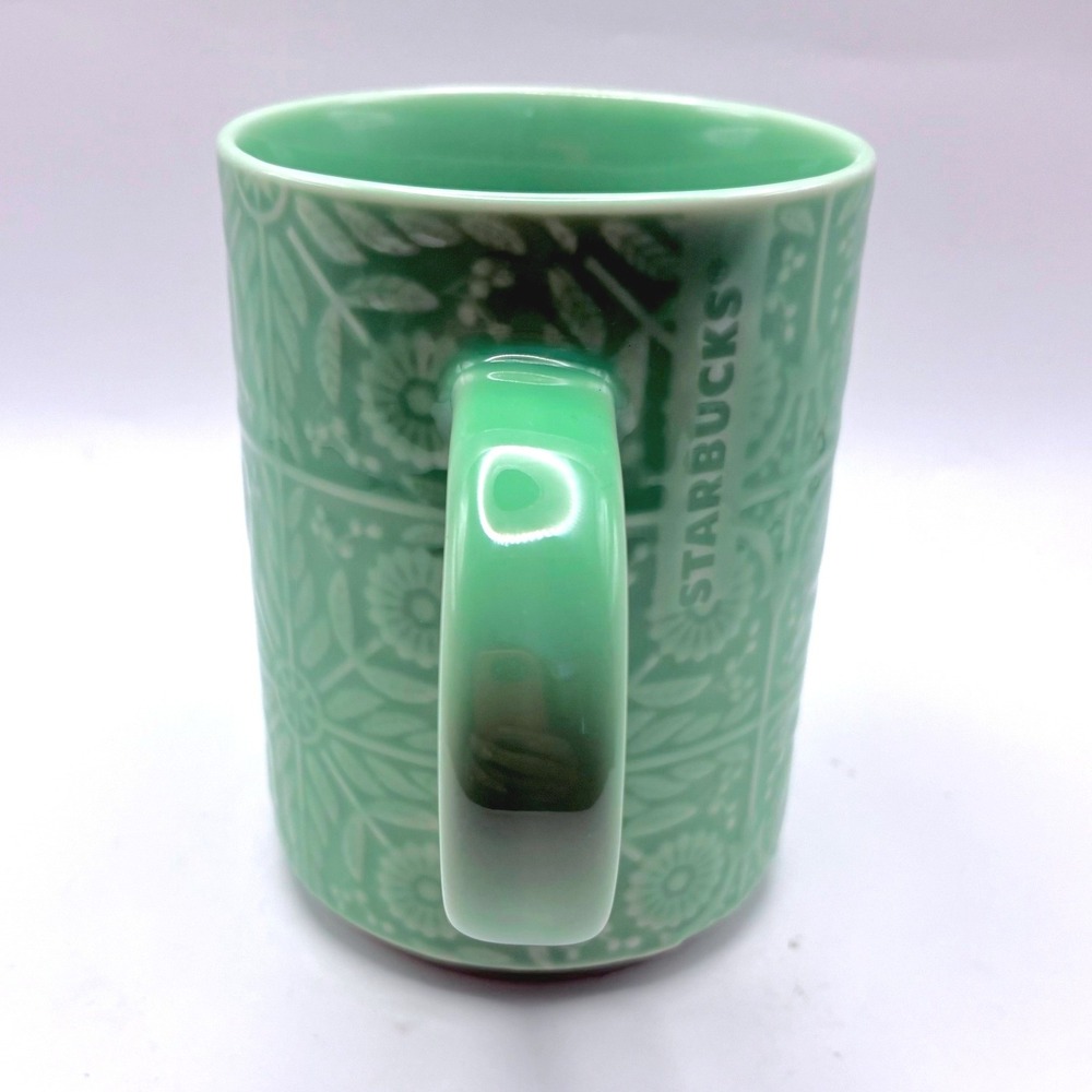 Starbucks Coffee Mug 12oz Mint Green Embossed Floral Tile Pattern Ceramic Cup - Picture 2 of 6
